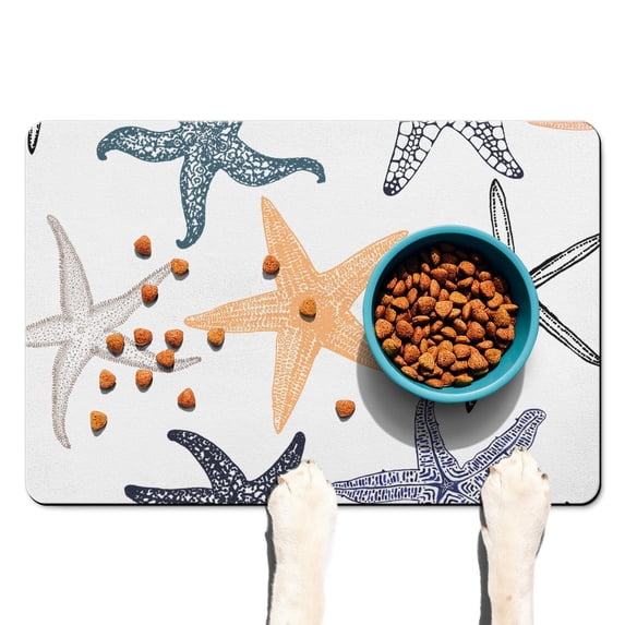 Sand & Starfish Dog Bowl Mat - Waterproof Pet Food Catcher - Multi-Layer Absorption for Dry Floors