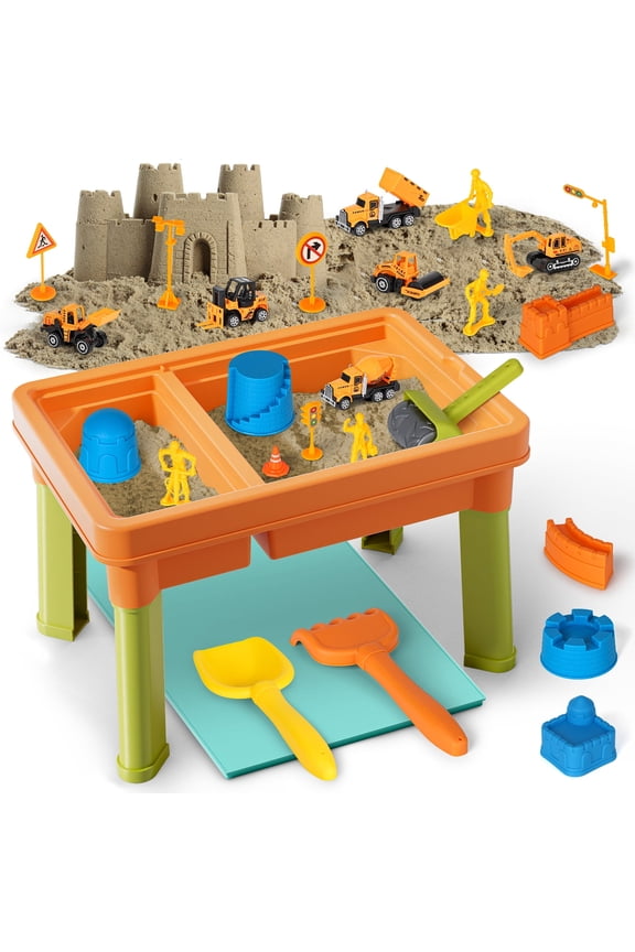 Sand Table for Kids, Sensory Table with Sand, Sensory Bin with Lid & 2.6lbs Play Sand, 6 Construction Vehicles & Sand Toys, Sensory Toys Gifts for Toddler Boys Girls