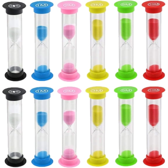 Sand Timer, 12 Pcs Colorful Hourglass Sandglass Sand Clock Timers Set 30sec / 1min / 2mins / 3mins / 5mins / 10mins for Brushing Children's Teeth, Cooking, Game, School, Office