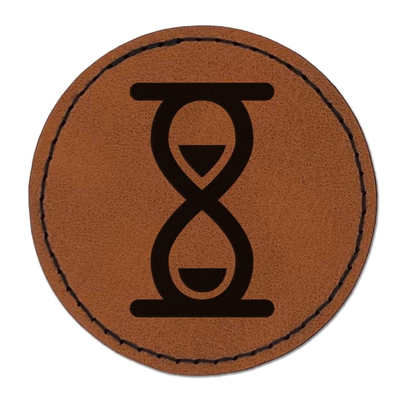 Sand Timer 2.5" Faux Leather Round Engraved Iron-On Patch - Brown