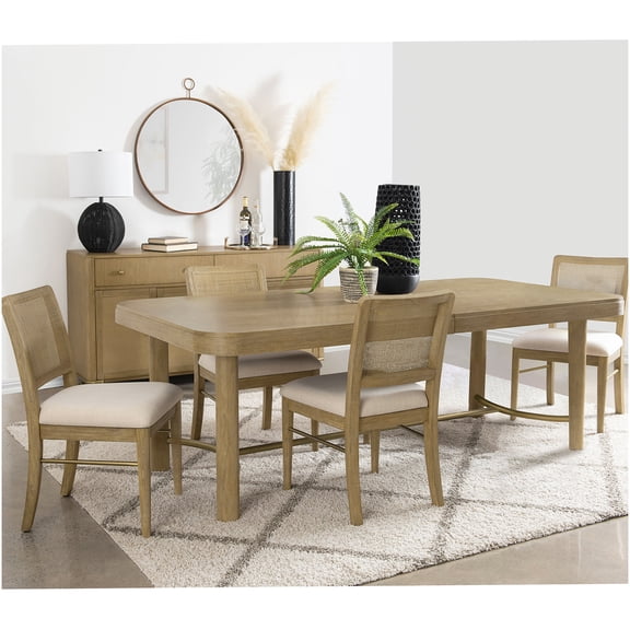 Sand Wash Finish Dining Table Set with 4 Cane Back Chairs, Expandable Trestle Table for 6, Coastal Farmhouse Kitchen Dining Room Furniture