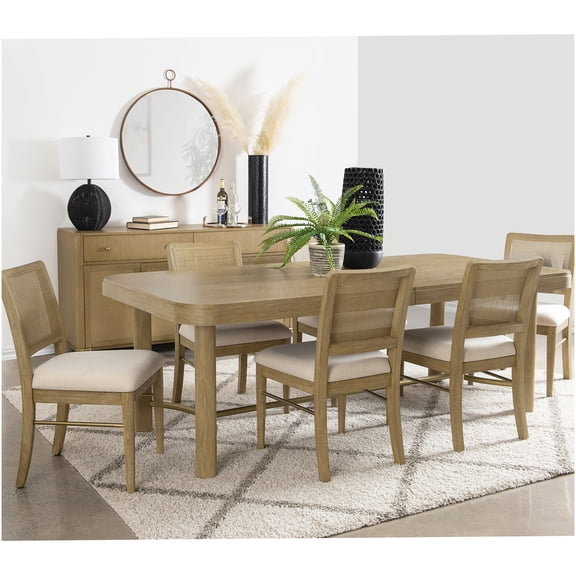 Sand Wash Finish Expandable Dining Table Set with 6 Cane Back Chairs, Light Brown Wood Rectangular Table for Coastal Dining Room