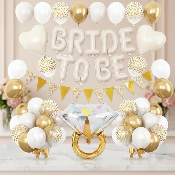 Sand White Bachelorette Party Decorations, Nude White Bride To Be Bridal Shower Balloons, White and Gold Balloons with Diamond Ring Cream Heart Balloons for Bachelorette Engagement Wedding