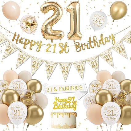 Sand White Gold 21st Birthday Decorations - Balloons, Banner, Cake Topper & Confetti for Her