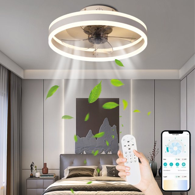 Sand White Modern Ceiling Fan with Light, Flush Mount Gold Fan Lights
