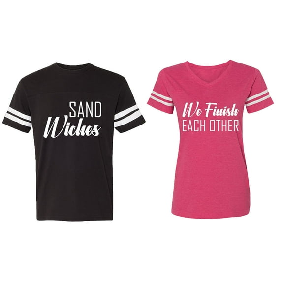 Sand Wishes We finish Each Other Matching Couple Cotton Jerseys (Men Black / Women Pink) (Men XL / Women S)