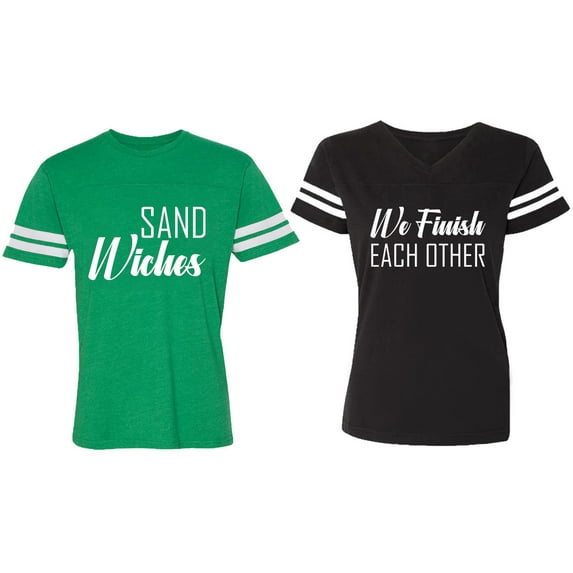 Sand Wishes We finish Each Other Matching Couple Cotton Jerseys (Men Green / Women Black) (Men L / Women S)
