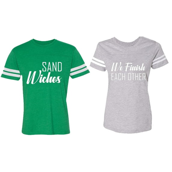 Sand Wishes We finish Each Other Matching Couple Cotton Jerseys (Men Green / Women Heather) (Men XL / Women L)