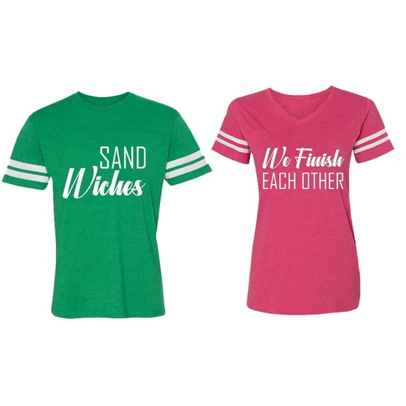 Sand Wishes We finish Each Other Matching Couple Cotton Jerseys (Men Green / Women Pink) (Men M / Women XXL)
