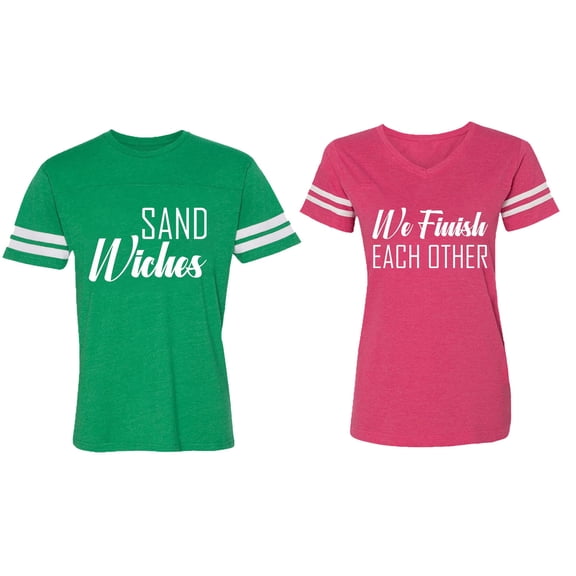 Sand Wishes We finish Each Other Matching Couple Cotton Jerseys (Men Green / Women Pink) (Men XL / Women XL)