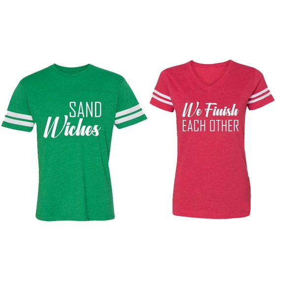 Sand Wishes We finish Each Other Matching Couple Cotton Jerseys (Men Green / Women Red) (Men S / Women L)