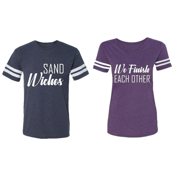 Sand Wishes We finish Each Other Matching Couple Cotton Jerseys (Men Navy / Women Purple) (Men L / Women L)