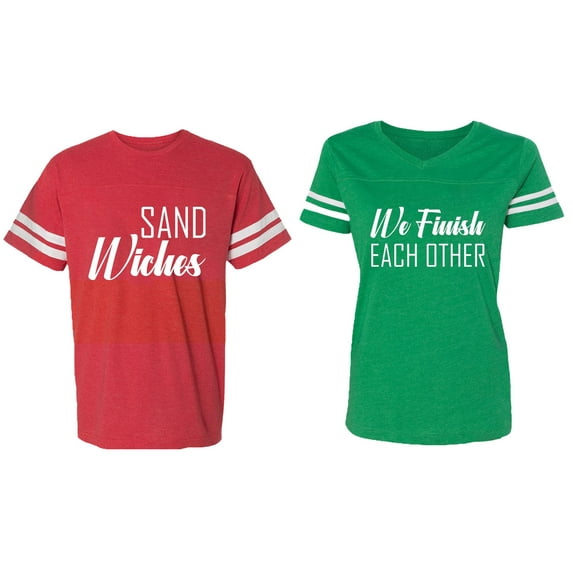 Sand Wishes We finish Each Other Matching Couple Cotton Jerseys (Men Red / Women Green) (Men L / Women S)