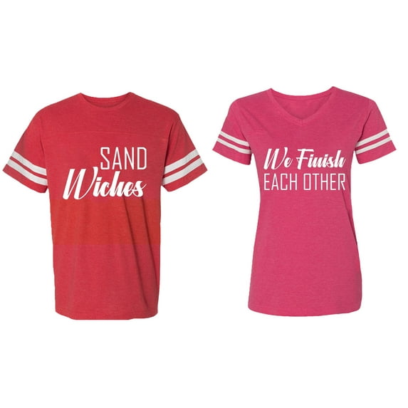 Sand Wishes We finish Each Other Matching Couple Cotton Jerseys (Men Red / Women Pink) (Men M / Women M)