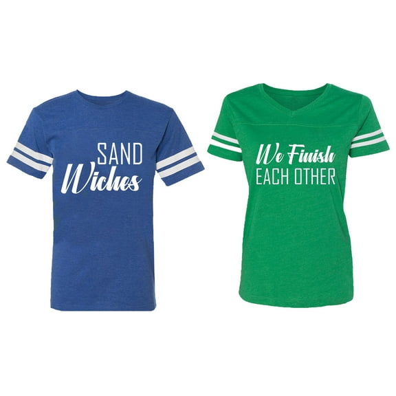 Sand Wishes We finish Each Other Matching Couple Cotton Jerseys (Men Royal / Women Green) (Men M / Women XXL)