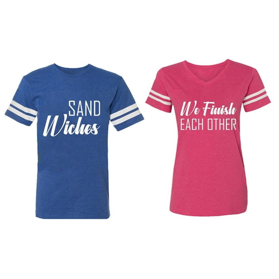 Sand Wishes We finish Each Other Matching Couple Cotton Jerseys (Men Royal / Women Pink) (Men M / Women M)
