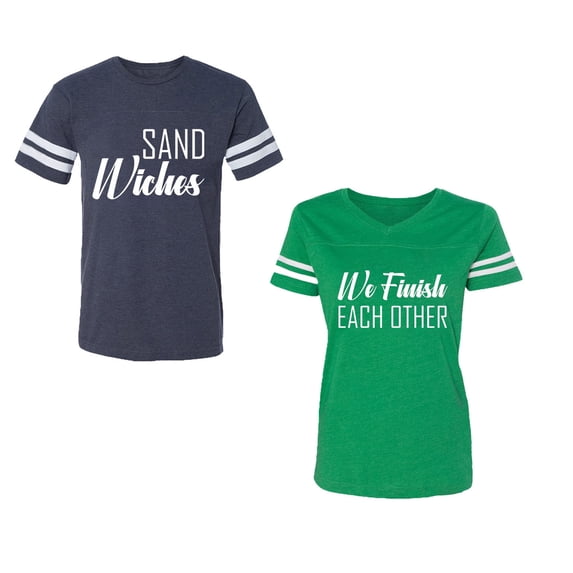 Sand Wishes We finish Each Other Unisex Couple Matching Cotton Jersey style T-Shirt Contrasting stripes on sleeves (Men Navy / Women Green) (Men XXL / Women XL)