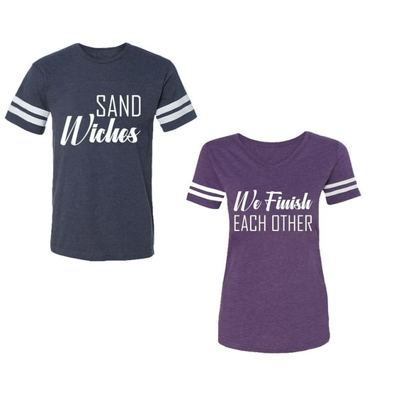Sand Wishes We finish Each Other Unisex Couple Matching Cotton Jersey style T-Shirt Contrasting stripes on sleeves (Men Navy / Women Purple) (Men XL / Women XL)