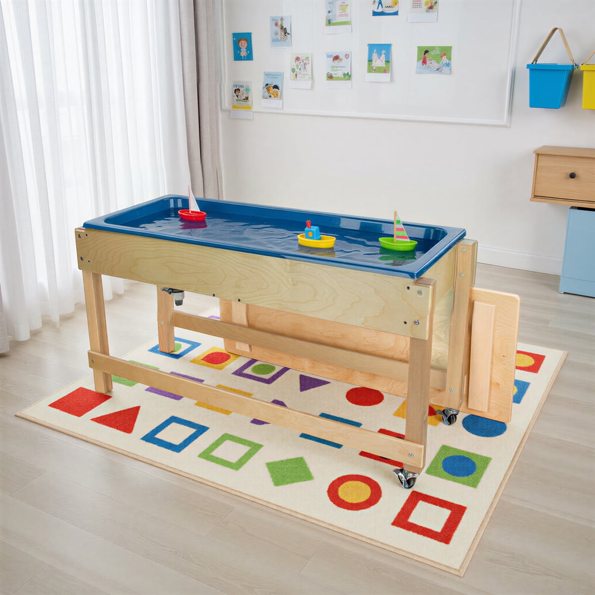 Sand and Water Activity Table with Drain Faucet, Storage Lid & Locking Casters, Birch Plywood Indoor Sensory Table
