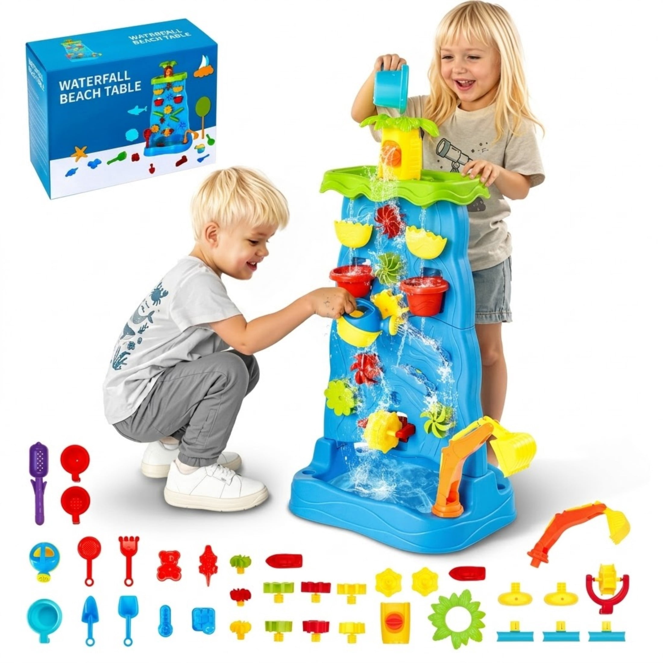 Sand and Water Table for Toddlers, 37-Piece Double-Sided Kids Activity Sensory Table with Waterfall, Outdoor Summer Toy for Ages 3+
