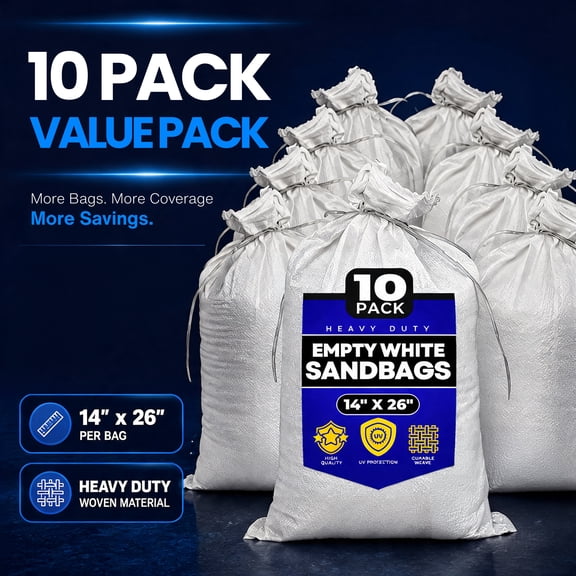 Sand bags with Ties 14" x 26" (Pack of 10) - Sand bags for Flooding, Woven Polypropylene Sandbags, 50 lbs Capacity, 14x26 inches, White