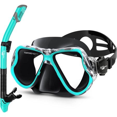 SandShark Green Premium Snorkel And Mask Set Wide View Anti-Fog Tempered Glass