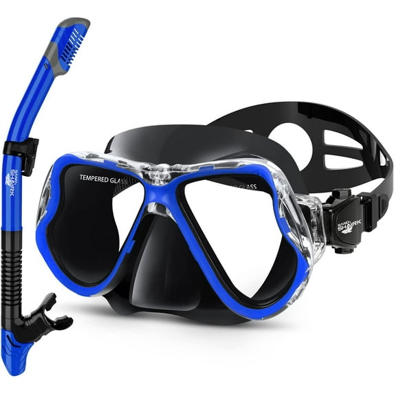 Sand Shark Panoramic Snorkel and Mask Set for Adults - Wide View, Anti-Fog Tempered Glass