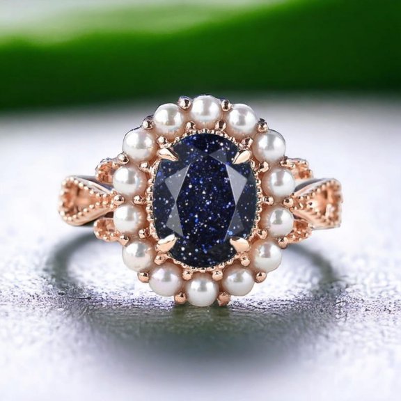 SandStone Engagement Ring Gold Oval Cut Sandstone Ring Milgrain Art Deco Ring Halo Pearl Split Shank Anniversary Gift