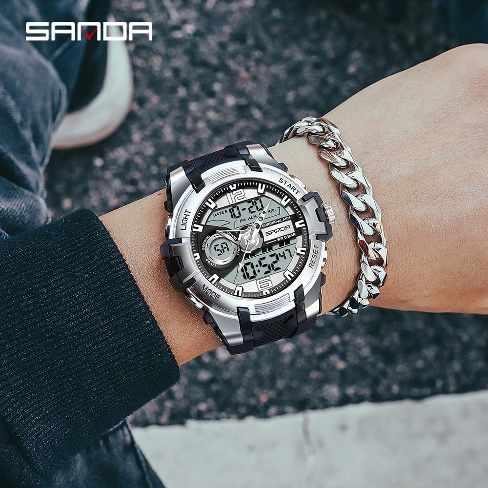 Sanda Men's Analog Sports Watch, LED Large Face Waterproof Wrist Watches, Dual Dial Digital Analog Watches for Men  6015