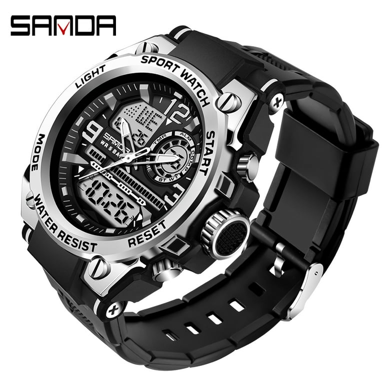 Sanda Men's Analog Sports Watch, LED Large Face Waterproof Wrist