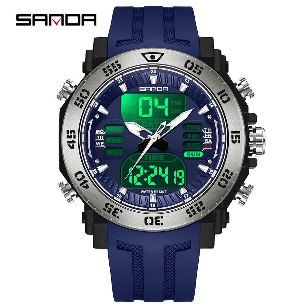 Sanda Men's Analog Sports Watch, LED Large Face Waterproof Wrist Watches, Dual Dial Digital Analog Watches for Men  6029