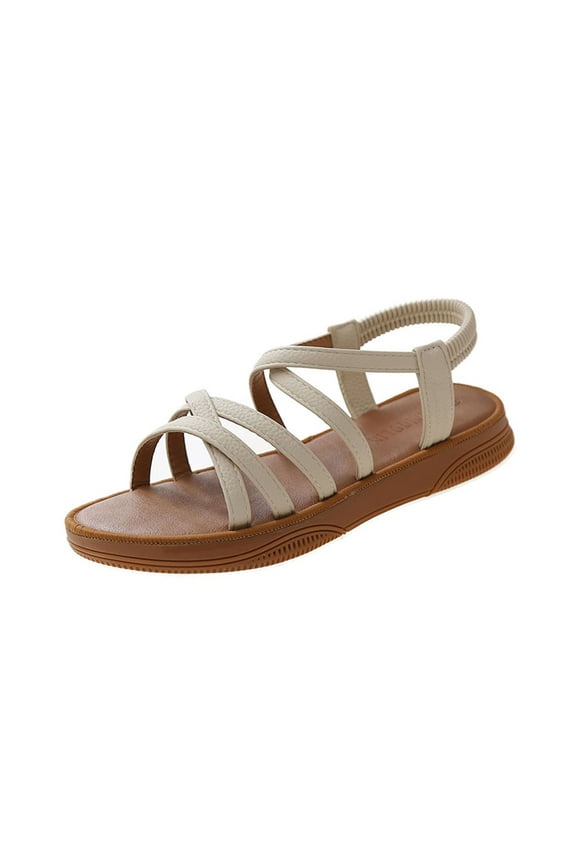 Sandal Oofos Sale Sandal Women's Fashion Casual Spring And Summer Beach Solid Color Strap Round Toe Open Toe Rear Elastic Strap Flat Sandals Beige