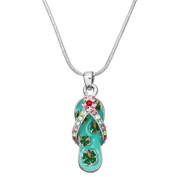 Sandal Slipper Pendant Necklace or Earring Aqua Rhinestone Crystal Rhodium Plated Hand Painted 17 Inch Snake Chain J0270-AQ