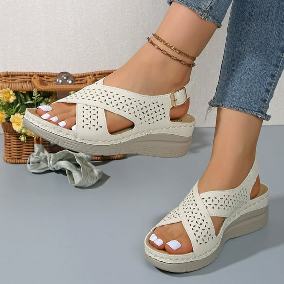 Sandal for Women Oofos Slides Women's Fashion Casual Spring And Summer Beach Versatile One-Line Buckle Solid Color Round Toe Open Toe Wedge Heel Thick-Soled Sandals Beige