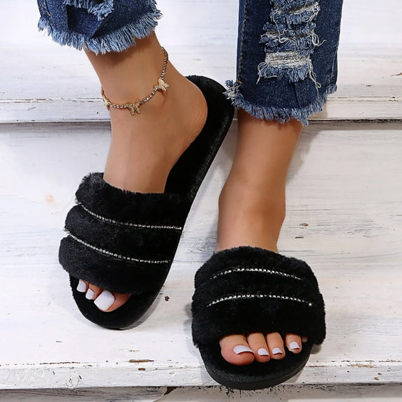 Sandal Women Slippers Woman Rhinestone Shoes Neutral Winter Indoor Home Warmth Non-slip Plush Slippers (8, Black)