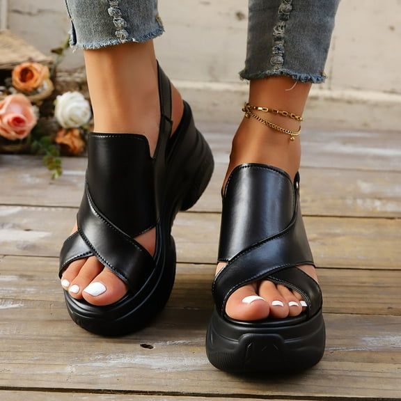 Sandal for Women Summer Casual Womens Open Toe Wedge Sandals Buckle Ankle Strap Platform Leather Sandals Beach Shoes Platform Outdoor Shoes Black Women Sandal