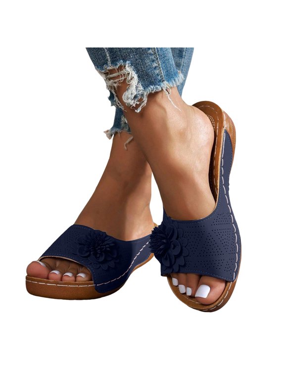 Sandal for Women 2026 Summer Flower Platform Beach Sandals Wedge Low Heel Open Toe Slides Ladies Hollow Out Dressy Slippers Blue Size 6