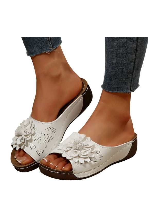 Sandal for Women 2026 Summer Flower Platform Beach Sandals Wedge Low Heel Open Toe Slides Ladies Hollow Out Dressy Slippers White Size 6