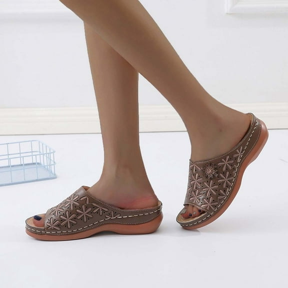 Sandalias De Mujer Clearance, Xunlbb Women's Fashion Casual Hollow Flower One-Line Spring And Summer New Wedge Heel Sandals(Coffee,Size:36)