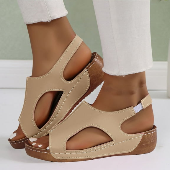Sandalias De Mujer Clearance, Xunlbb Women's Fashion Casual Summer New Large Size Solid Color Open Toe Thick Bottom Wedge Sandals(Khaki,Size:40)