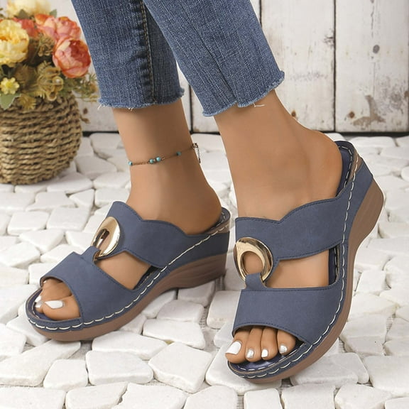 Sandalias De Mujer Clearance, Xunlbb Women's Spring And Summer New Large Size Wedge Slippers Beach Metal Buckle Wedge Sandals Fashion Casual Beach Sandals(Blue,Size:37)