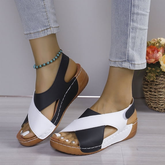 Sandals With Back Strap, Women's Flat Sandals, Womens Orthopedic Sandals Summer Color Block Arch Support Shoes Casual Ankle Strap Slingback Platforms Comfortable Dress Shoes, Black 6