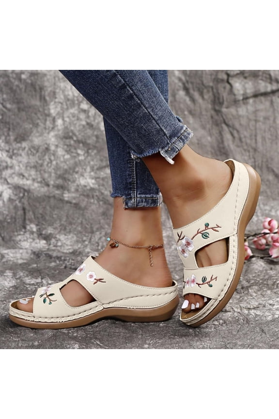 Sandals With Back Strap, Women's Sandals Comfortable Wedge Sandals With Arch Support Summer Casual Fish Mouth Open Toe Slip-On Slipper Flower Hollow Platform Slides Flip Flops, Beige 8.5