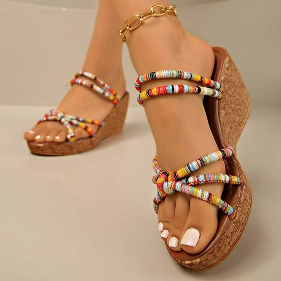 Sandals For Women 2025 Comfortable Boho Wedge Heel Open Toe Slip-on Slides Slippers Comfortable Walking Beach Sandals for Women Dressy Summer 6.5