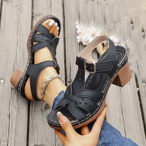 Sandals For Women Chunky Heel Arch Support Open Toe Ankle Straps Peep Toe Shoes Comfortable Walking Beach Sandals for Women Dressy Summer 5.5