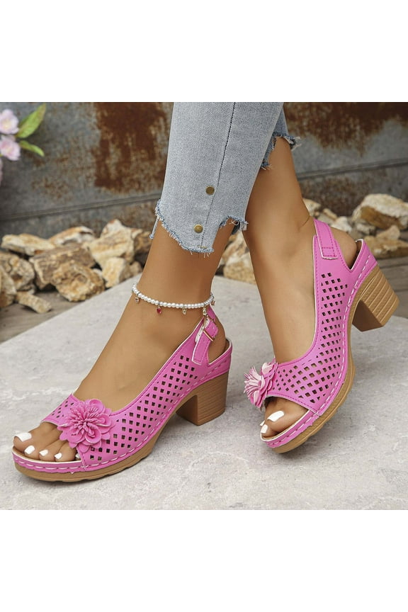 Sandals For Women Summer High Heel Shoes Casual Ankle Strap Hollow Out Platform Wedge Fish Mouth Flowers Sandal Pink Women Sandal
