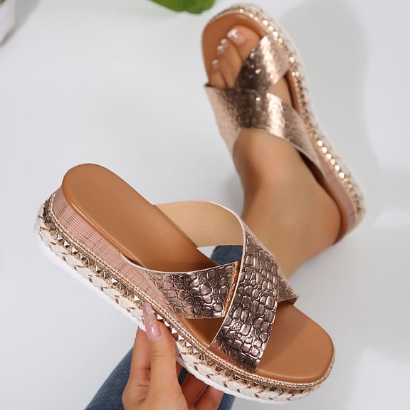 Sandals For Women Wedge Thick Heel Open Toe Slip-on Square Toe Crisscross Slides Slippers Women's Trendy Casual Outdoor Shoes for Beach Fashion 5.5