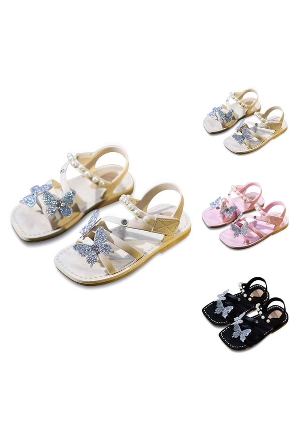 Sandals for Girls Sparkly Rhinestone Butterfly Sandals Pearal Beaded Gladiator Sandals Open Toe Strappy Dress Flats Sandals Summer Flat Slides Cute Girls Sandals (Beige 8.5)