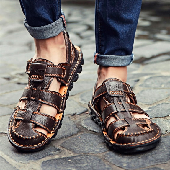 Sandals On Clearance, Summer Sandals 2021 Summer Mens Leather Sandals Flats Beach Walking Non-SlipSoft Bottom Casual Shoes Mens Sandals