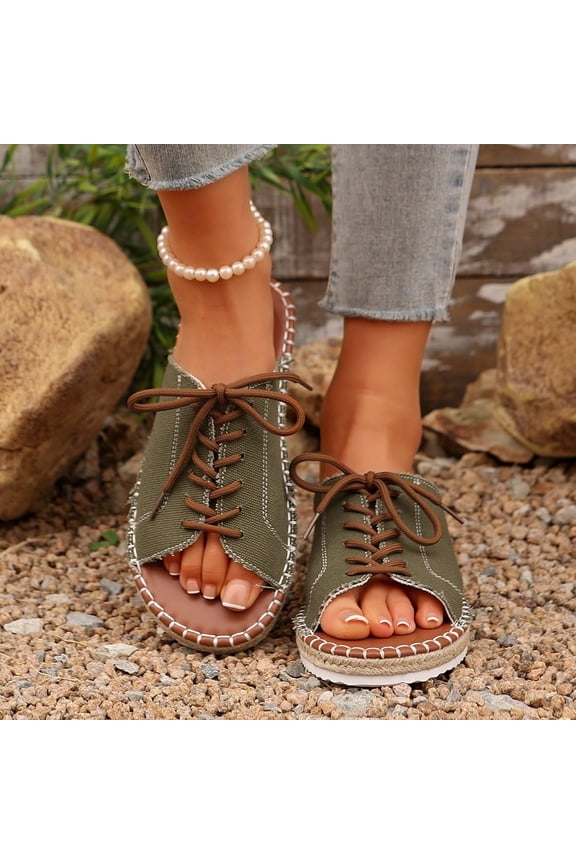 Sandals Summer Open Toe Lace Up Tie Slip On Mules Slides Fabric Upper Breathable Comfy Plus Size Daily Sandals